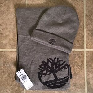 Timberland Grey and Dark Grey Logo Knit Beanie Hat & Scarf Set